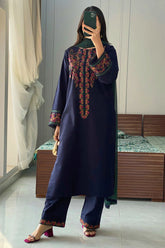 GM-3PC DHANAK EMBROIDERED SHIRT WITH BAMBER CHIFFON DUPATTA AND EMB TROUSER-GM-4076