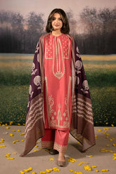 URGE-3PC DHANAK EMBROIDERED SHIRT WITH COURTRAI PRINTED SHAWL AND EMB TROUSER-GM-4204