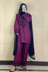GM-3PC DHANAK EMBROIDERED SHIRT WITH CHIFFON DUPATTA AND EMB TROUSER-GM-4168