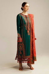 HUSSAIN REHAR-3PC DHANAK EMBROIDERED SHIRT WITH COURTRAI PRINTED SHAWL AND TROUSER-GM-4343