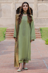 IZEL-3PC DHANAK EMBROIDERED SHIRT WITH COURTRAI PRINTED SHAWL & TROUSER-GM-4349