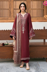 IZEL-3PC DHANAK EMBROIDERED SHIRT WITH COURTRAI PRINTED SHAWL & TROUSER-GM-4384