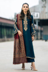 IZEL-3PC DHANAK EMBROIDERED SHIRT WITH COURTRAI PRINTED SHAWL & TROUSER-GM-4226