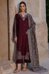 IZEL-3PC DHANAK EMBROIDERED SHIRT WITH COURTRAI PRINTED SHAWL & TROUSER-GM-4364