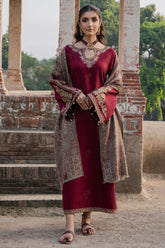 IZEL-3PC DHANAK EMBROIDERED SHIRT WITH COURTRAI PRINTED SHAWL & TROUSER-GM-4363