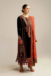 HUSSAIN REHAR-3PC DHANAK EMBROIDERED SHIRT WITH COURTRAI PRINTED SHAWL AND TROUSER-GM-4343 BLACK