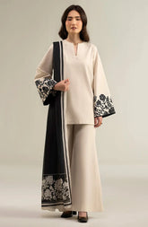 SAPPHIRE-3PC DHANAK SHIRT WITH DHANAK EMBROIDERED SLEEVES & PRINTED SHAWL-GM-4068