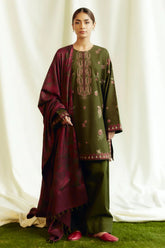 ZARA SHAH JAHAN- 3PC DHANAK EMBROIDERED SHIRT WITH COURTRAI PRINTED SHAWL AND TROUSER-GM-4046