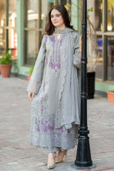 LIBAAS-3PC DHANAK EMBROIDERED SHIRT WITH DHANAK EMBROIDERED SHAWL AND TROUSER-GM-4069