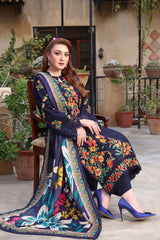 ASIM JOFA-3PC DHANAK EMBROIDERED SHIRT WITH COURTRAI PRINTED SHAWL & TROUSER-GM-4316