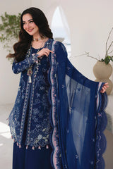 QALAMQAR-3PC LAWN CHIKAN EMBROIDERED SHIRT WITH KHAADI NET EMBROIDERED DUPATTA AND EMB TROUSER-GM-4759
