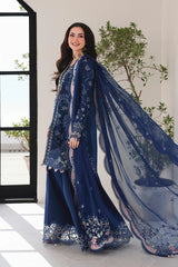 QALAMQAR-3PC LAWN CHIKAN EMBROIDERED SHIRT WITH KHAADI NET EMBROIDERED DUPATTA AND EMB TROUSER-GM-4759