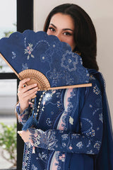QALAMQAR-3PC LAWN CHIKAN EMBROIDERED SHIRT WITH KHAADI NET EMBROIDERED DUPATTA AND EMB TROUSER-GM-4759