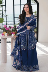 QALAMQAR-3PC LAWN CHIKAN EMBROIDERED SHIRT WITH KHAADI NET EMBROIDERED DUPATTA AND EMB TROUSER-GM-4759