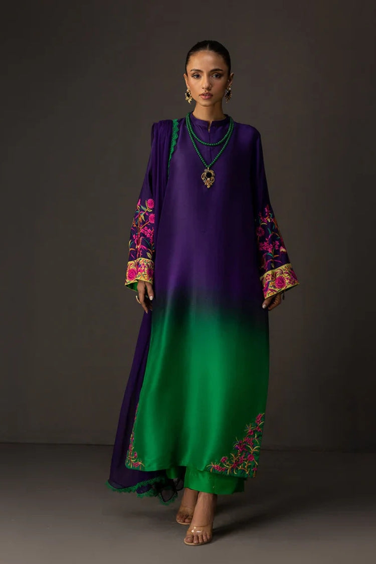 ZAINAB CHOTTANI-3PC SHAMOZE SILK TYE&DYE EMB SHIRT WITH SOFT SILK PRINTED DUPATTA & TROUSER -GM-1727