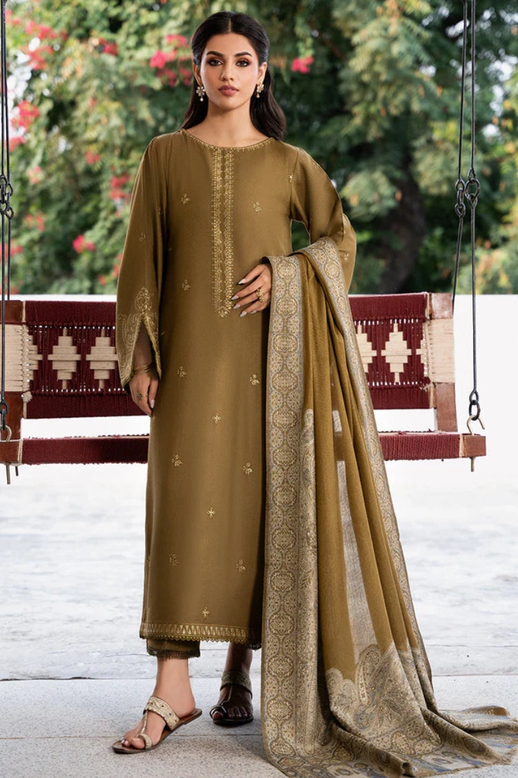 IZEL-3PC DHANAK EMBROIDERED SHIRT WITH COURTRAI PRINTED SHAWL & TROUSER-GM-4376