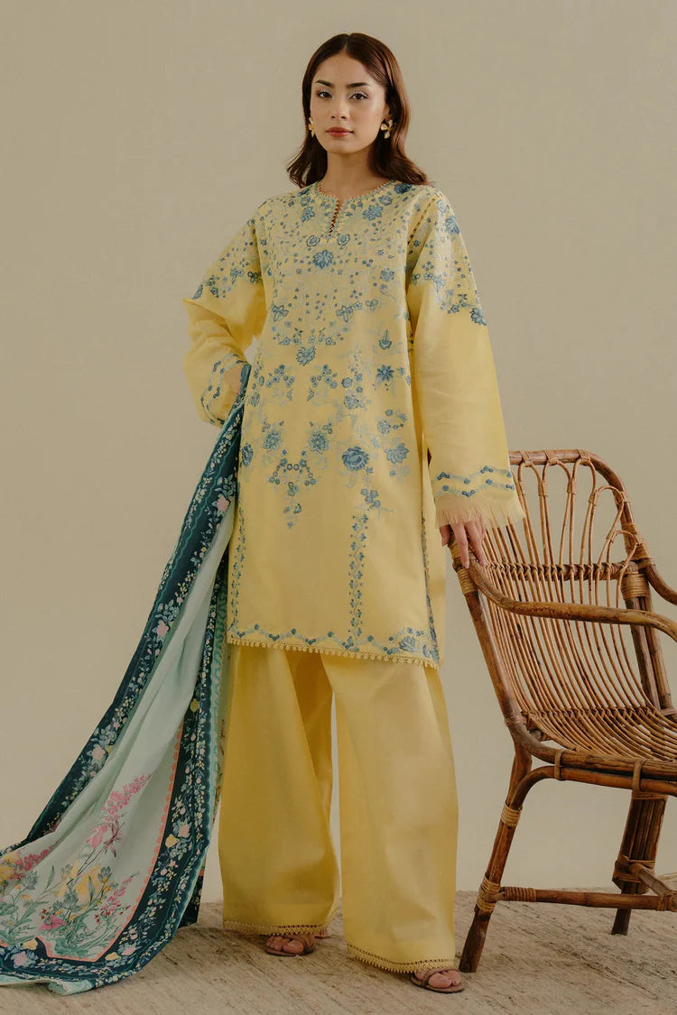 ZARASHAHJAHAN-3PC DHANAK EMBROIDERED SHIRT WITH COURTRAI WOOL PRINTED SHAWL AND TROUSER-GM-4066