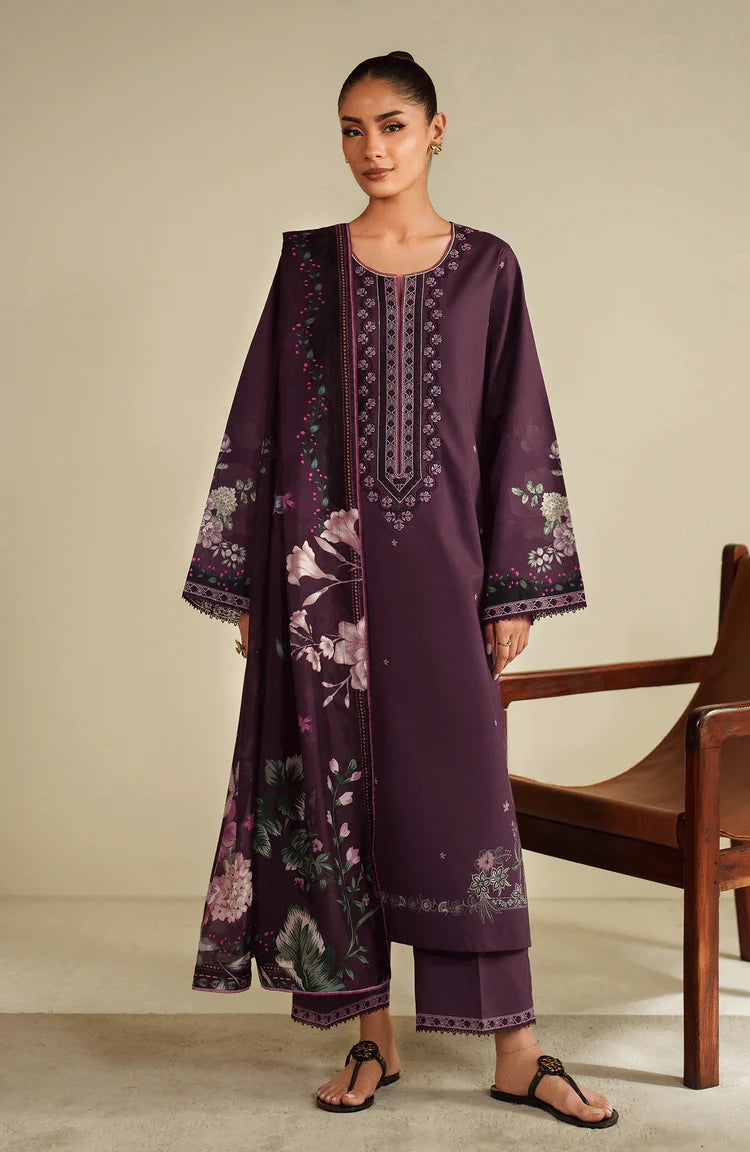 SERAN-3PC DHANAK EMBROIDERED SHIRT WITH COURTRAI PRINTED SHAWL & TROUSER-GM-4317