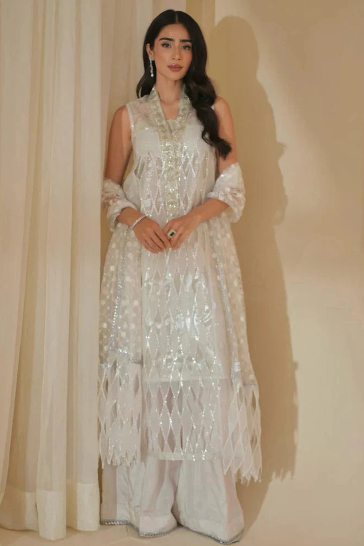 LAJ BY LAJWANTI-ORGANZA HAMNDMADE EMBLISHED EMBROIDERED FRONT SHIRT WITH ORGANZA EMBROIDERED READY TO WEAR DUPATTA-GM-3428