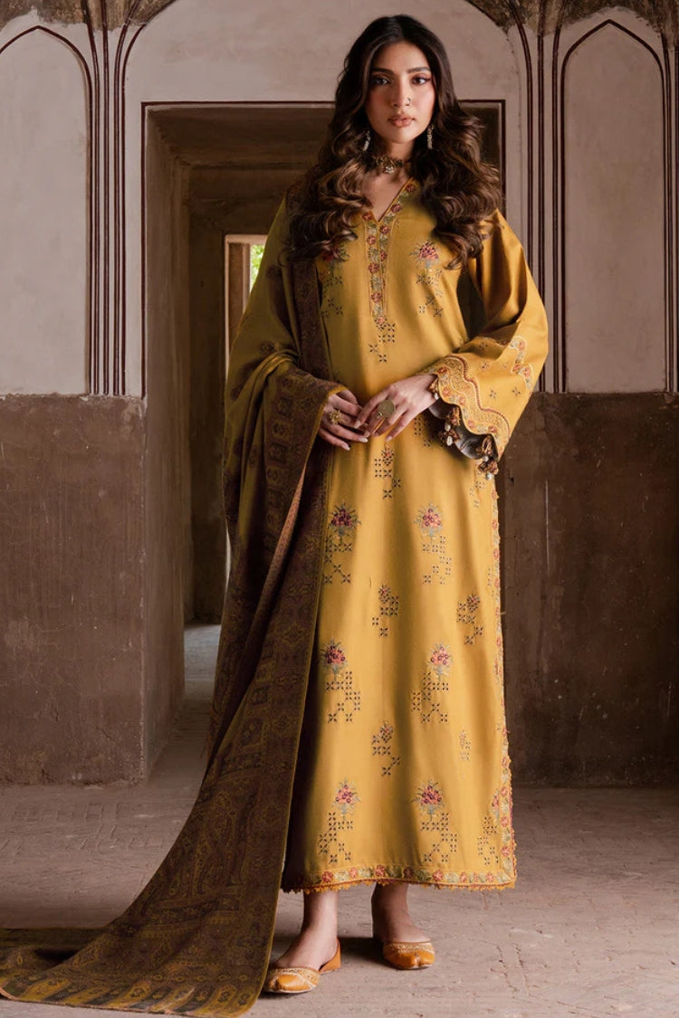 IZEL-3PC KHADDAR EMBROIDERED SHIRT WITH COURTRAI PRINTED SHAWL & KHADDAR TROUSER-GM-4355