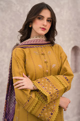 JAZMIN-3PC DHANAK EMBROIDERED SHIRT WITH COUTRAI WOOL PRINTED SHAWL & TROUSER-GM-4028