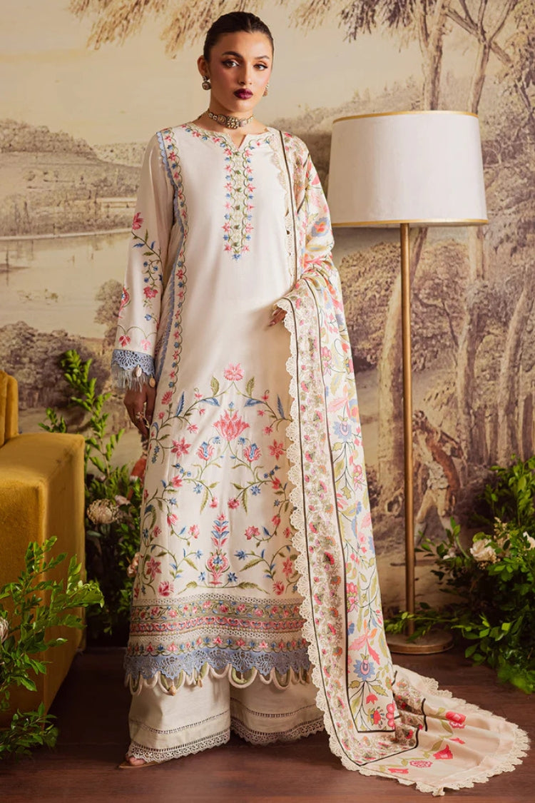 MAHNUR-3PC KARANDI EMBROIDERED SHIRT WITH COURTRAI PRINTED SHAWL & TROUSER-GM-4329