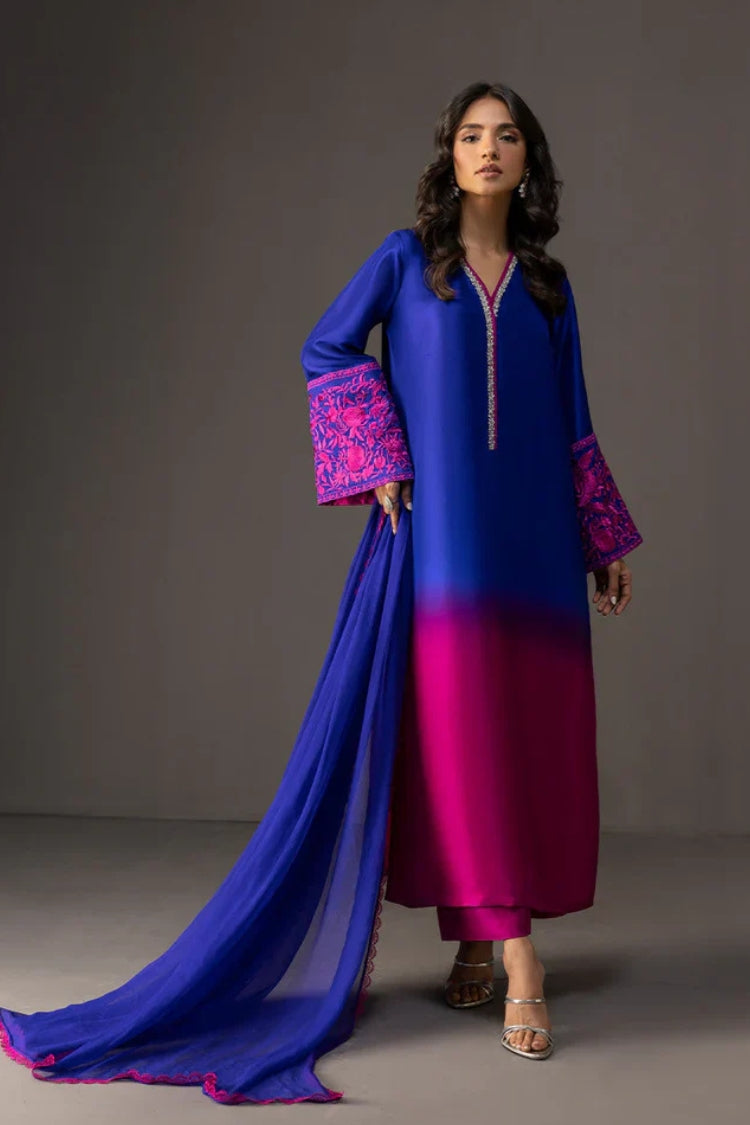 ZAINAB CHOTTANI-3PC SHAMOZE SILK PRINTED EMB SHIRT WITH SOFT SILK PRINTED DUPATTA & TROUSER GM-1730