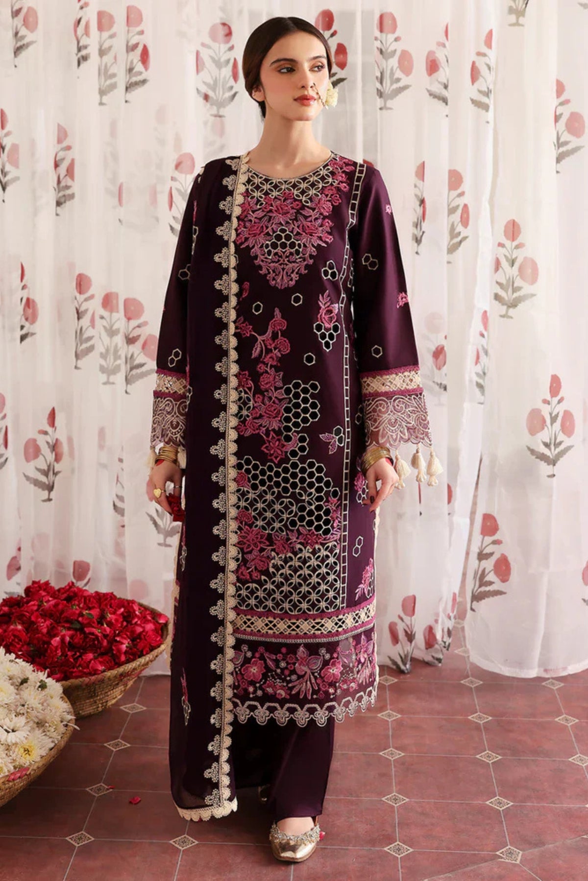 MAHNUR-3PC LAWN LASERWORK EMBROIDERED SHIRT WITH KHAADI NET EMBROIDERED DUPATTA AND TROUSER -GM-4691