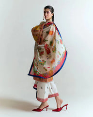 HUSSAIN REHAR - 3PC DHANAK HEAVY EMBROIDERED SHIRT WITH COURTRAI PRINTED SHAWL AND EMB TROUSER-GM-4212