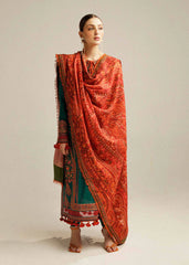 HUSSAIN REHAR-3PC DHANAK EMBROIDERED SHIRT WITH COURTRAI PRINTED SHAWL AND TROUSER-GM-4343