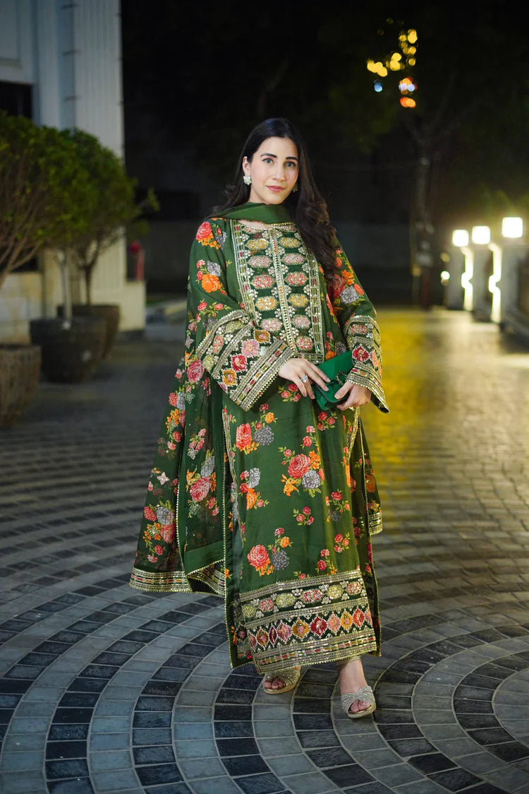 BAROQUE-3PC SHAMOZE SILK PRINTED EMBROIDERED SHIRT WITH SOFT SILK PRINTED EMB DUPATTA & PRINTED TROUSER-GM-1739