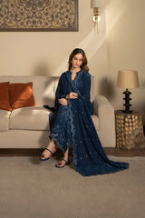 SAPPHIRE-3PC DHANAK EMBROIDERED SHIRT WITH DHANAK EMBROIDERED SHAWL AND TROUSER-GM-4392
