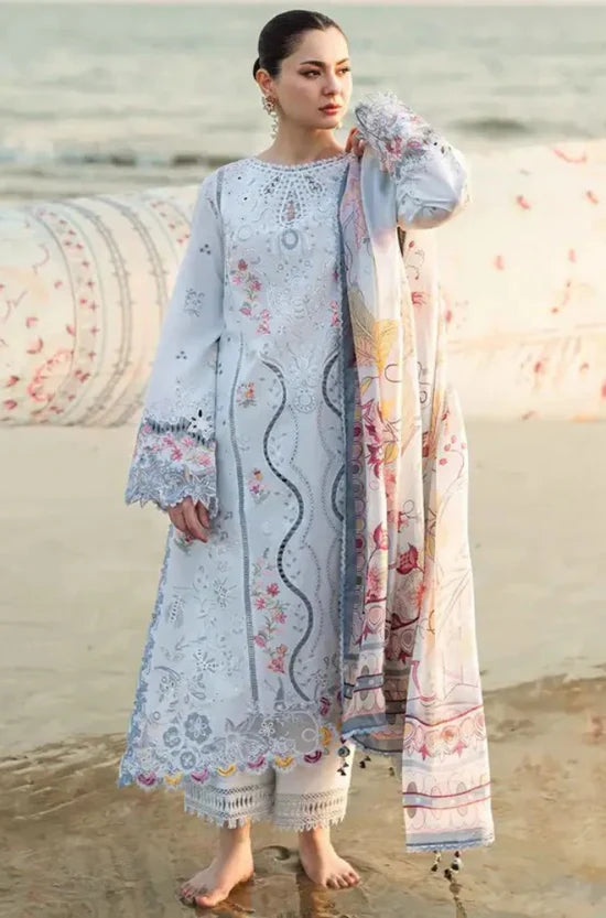QALAMQAR - 3PC LAWN EMBROIDERED SHIRT WITH MONARK PRINTED DUPATTA AND TROUSER-GM-3663