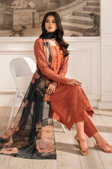 IZNIK-3PC DHANAK CHIKAN EMBROIDERED SHIRT WITH COURTRAI PRINTED SHAWL AND TROUSER GM-4188