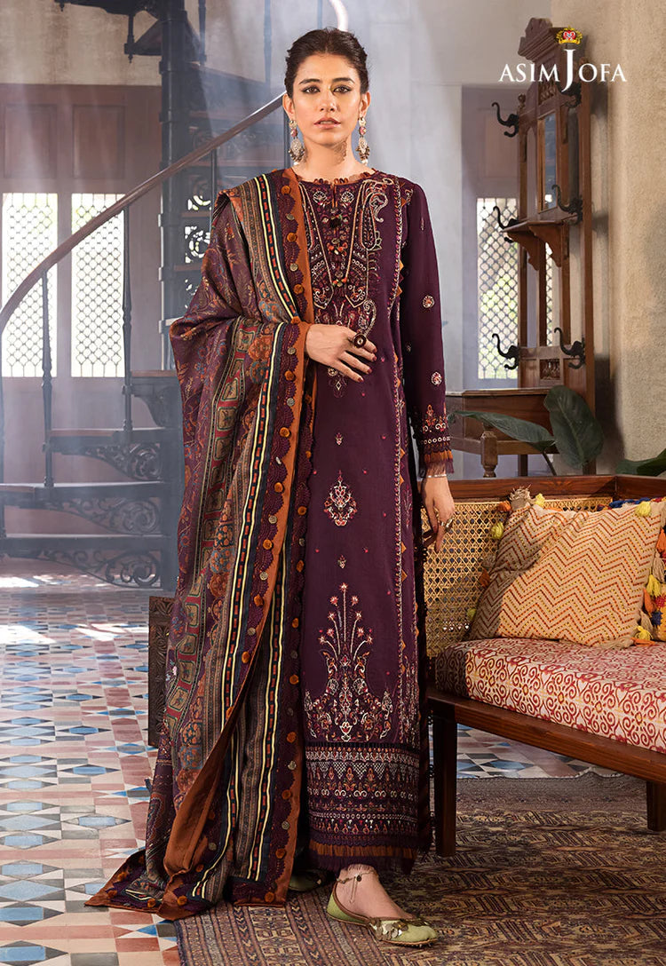ASIM.JOFA-3PC DHANAK EMBROIDERED SHIRT WITH COURTRAI PRINTED SHAWL AND TROUSER-GM-4047