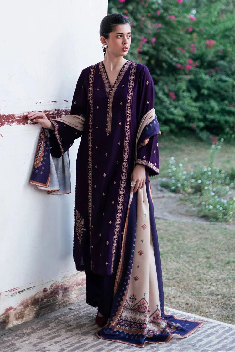 JAZMIN-3PC DHANAK EMBROIDERED SHIRT WITH COURTRAI PRINTED SHAWL & TROUSER-GM-4218