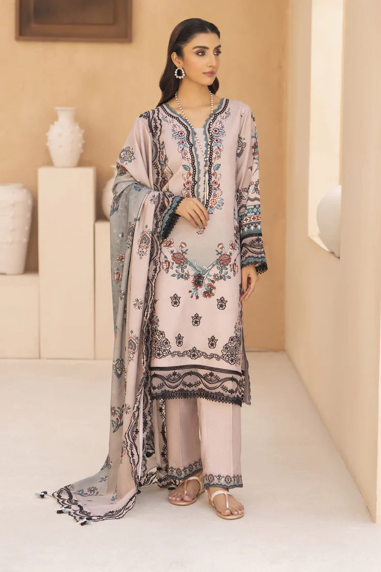 GM-3PC KARANDI PRINTED EMBROIDERED SHIRT WITH KARANDI PRINTED EMB SHAWL & PRINTED TROUSER-GM-