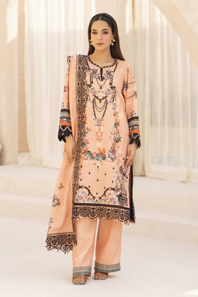 GM-3PC KARANDI PRINTED EMBROIDERED SHIRT WITH KARANDI PRINTED EMB SHAWL & PRINTED TROUSER-GM-
