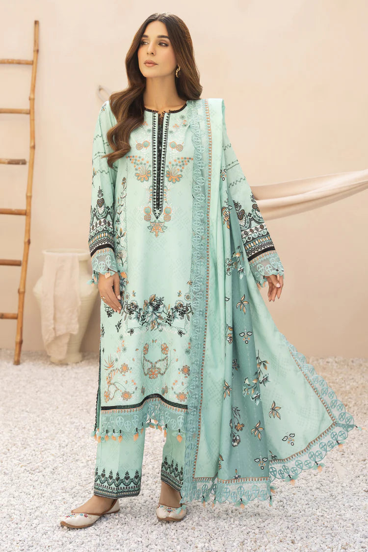 GM-3PC KARANDI PRINTED EMBROIDERED SHIRT WITH KARANDI PRINTED EMB SHAWL & PRINTED TROUSER-GM-