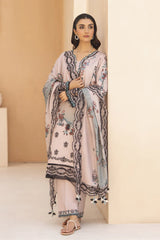 GM-3PC KARANDI PRINTED EMBROIDERED SHIRT WITH KARANDI PRINTED EMB SHAWL & PRINTED TROUSER-GM-