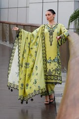 GM-3PC KARANDI PRINTED EMBROIDERED SHIRT WITH KARANDI PRINTED EMB SHAWL & PRINTED TROUSER-GM-
