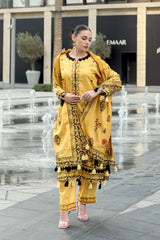GM-3PC KARANDI PRINTED EMBROIDERED SHIRT WITH KARANDI PRINTED EMB SHAWL & PRINTED TROUSER-GM-
