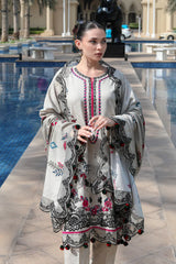 GM-3PC KARANDI PRINTED EMBROIDERED SHIRT WITH KARANDI PRINTED EMB SHAWL & PRINTED TROUSER-GM-