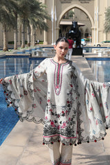 GM-3PC KARANDI PRINTED EMBROIDERED SHIRT WITH KARANDI PRINTED EMB SHAWL & PRINTED TROUSER-GM-