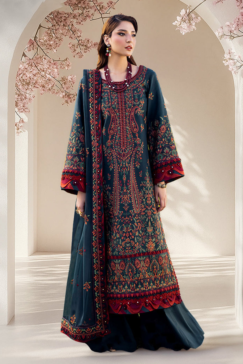 ASIM JOFA-3PC DHANAK EMBROIDERED SHIRT WITH DHANAK EMBROIDERED SHAWL AND TROUSER -GM-4191