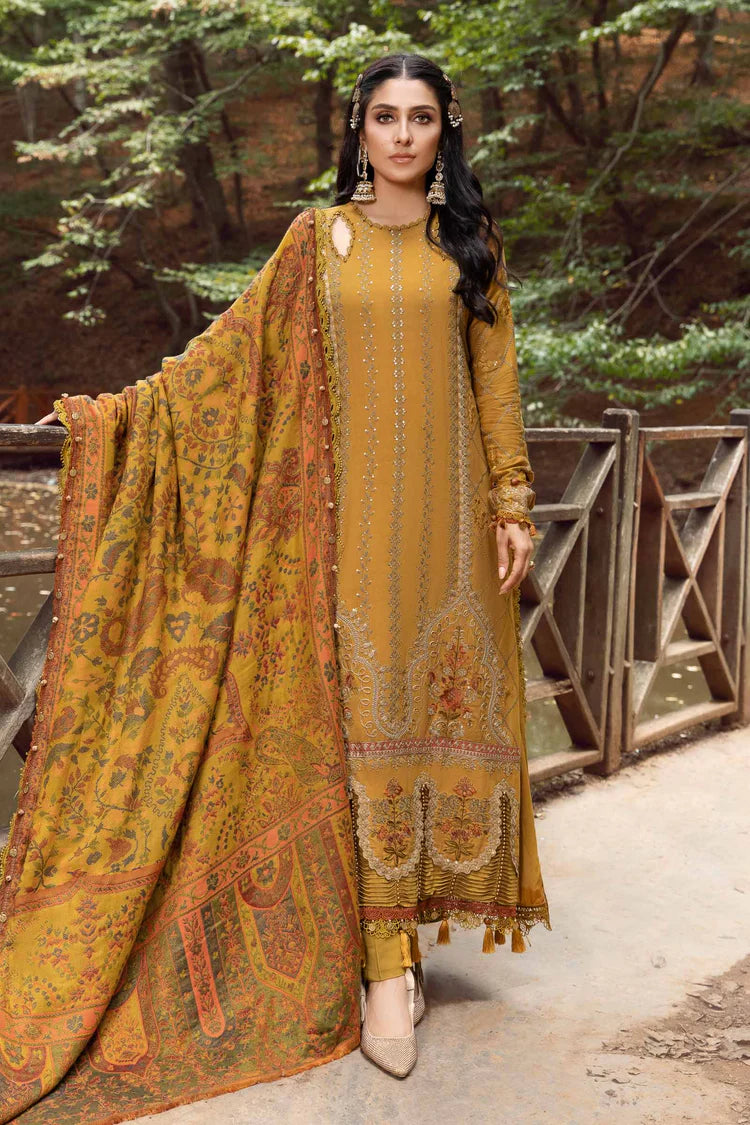 MARIA.B-3PC DHANAK EMBROIDERED SHIRT WITH COURTRAI PRINTED SHAWL AND TROUSER-GM-4286