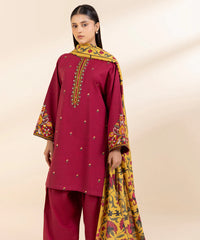 SAPPHIRE-3PC KHADDAR EMBROIDERED SHIRT WITH COURTRAI PRINTED SHAWL AND TROUSER-GM-3373