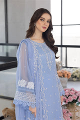 AZURE-3PC ORGANZA EMBROIDERED SHIRT WITH ORGANZA EMBROIDERED DUPATTA AND EMB TROUSER-GM-3549
