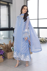 AZURE-3PC ORGANZA EMBROIDERED SHIRT WITH ORGANZA EMBROIDERED DUPATTA AND EMB TROUSER-GM-3549