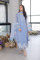 AZURE-3PC ORGANZA EMBROIDERED SHIRT WITH ORGANZA EMBROIDERED DUPATTA AND EMB TROUSER-GM-3549